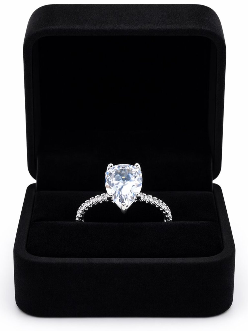 Pear Cut Diamond Ring Silver Tone Pave Band Engagement Ring Luxury Style Wedding